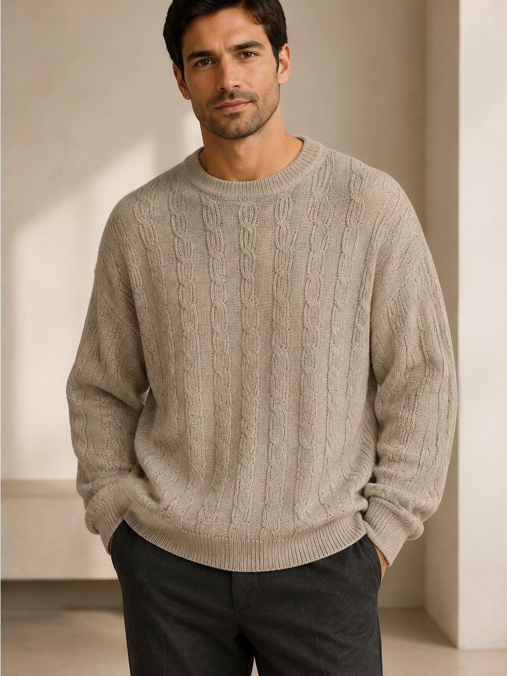 American Eagle Men’s Cable Knit Crewneck Sweater - Beige / Taupe size XXL